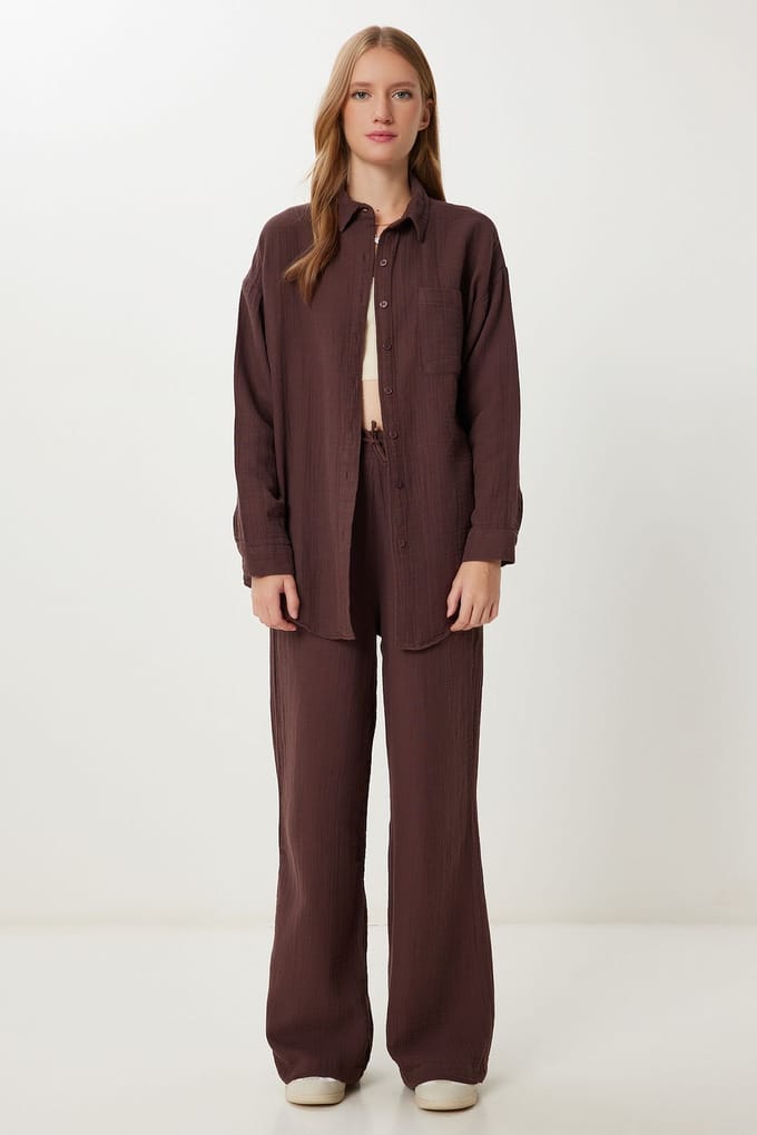 Hoge Taille Brede Pijpen Twee-Delig Co-ord Set met Kraag