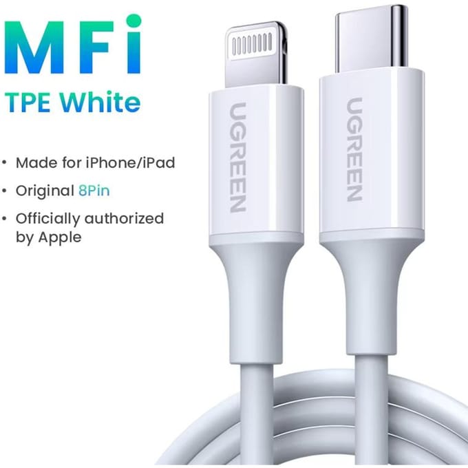 UGREEN Convient pour le câble de chargement Apple câble de données Type-C charge rapide PD30/20W vers Lightning iPhone 14/13 téléphone 2m blanc