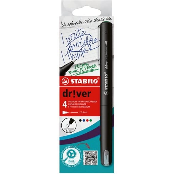STABILO Dr!ver - Premium Fineliner - 0.4 mm - Set Met 4 Stuks - Met 4 Verschillende Kleuren