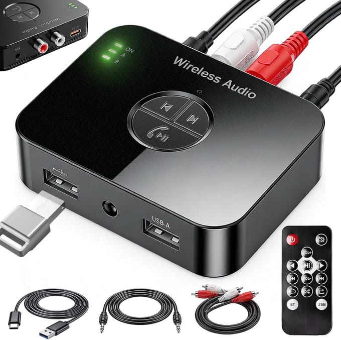 Bluetooth-adapter voor stereosysteem – Bluetooth 6.0-audioadapter – Bluetooth-zender met 3,5 mm AUX RCA-kabel – Bluetooth AUX-adapter met afstandsbediening – Audiozender met