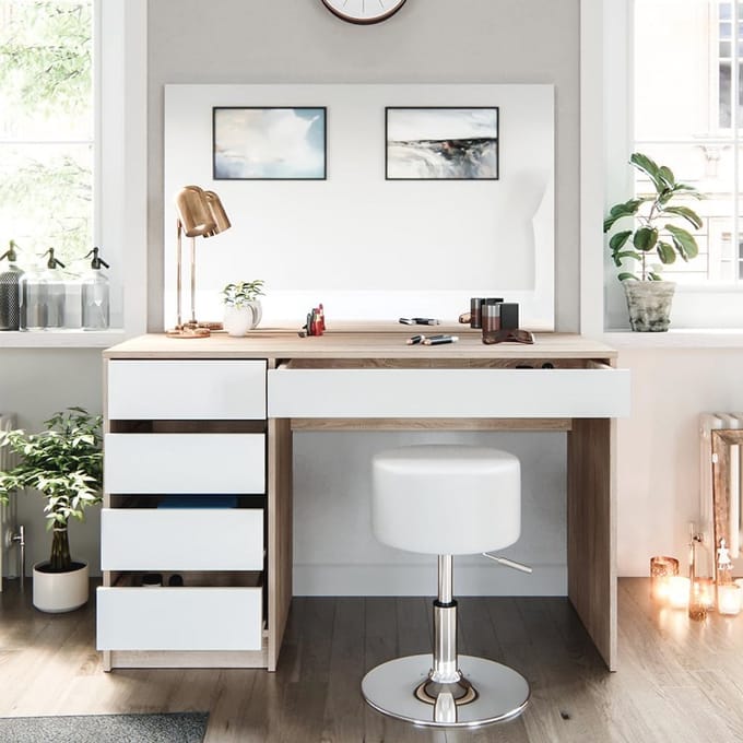 Moderne Make-uptafel met Kruk - 120 cm in Sonoma/Wit