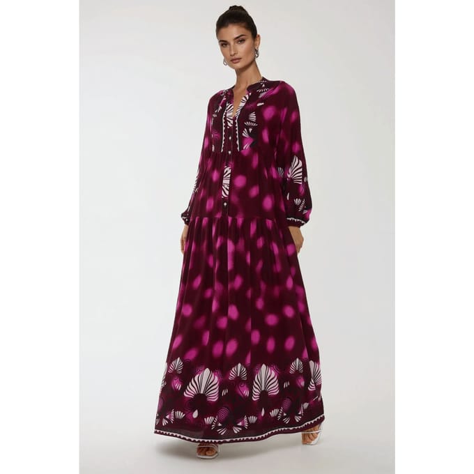 Gedrukte Lange Mouwen Viscose Maxi Jurk