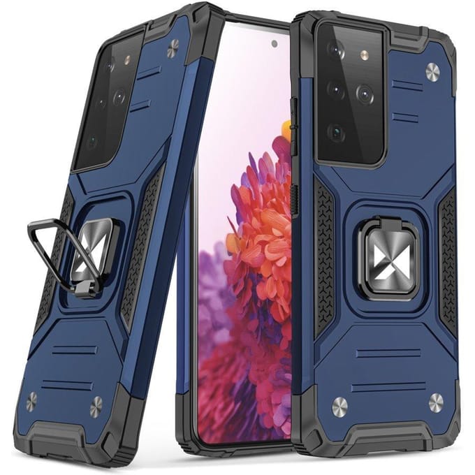 Coque hybride blindée avec support magnétique pour Samsung Galaxy S22 Ultra Ring Armor - bleue