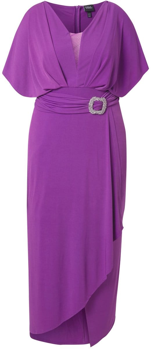Ulla Popken - Dames - Maxi-jurk sierriem V-hals korte mouwen - Bes - Maat 58