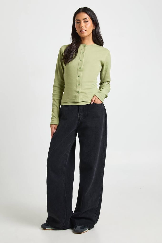 boohoo Dames Geribbelde Dubbele Laag Doorknoop Top | Olive | Maat: 6