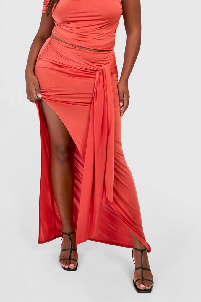 boohoo Dames Plus Tie Front Bodycon Maxi Rok | Oranje | Maat: 54