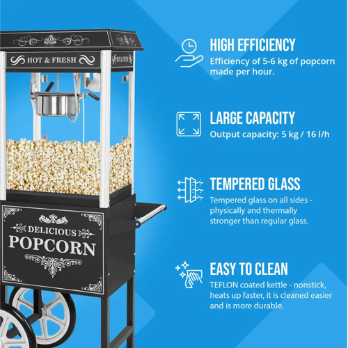 Royal Catering Popcornmachine met onderstel - Retro-ontwerp - Zwart 10010536