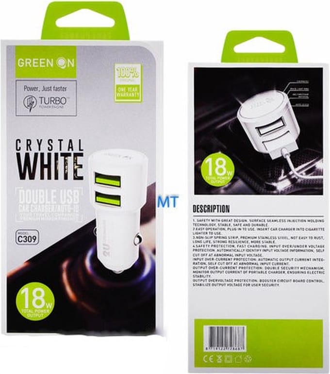 Green on - car charger dubbel usb/auto-ID- turbo power engine - 18W total power output