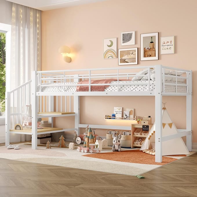 Pugsdrly Halfhoog mezzaninebed 90 x 200 met opbergtrap, wit