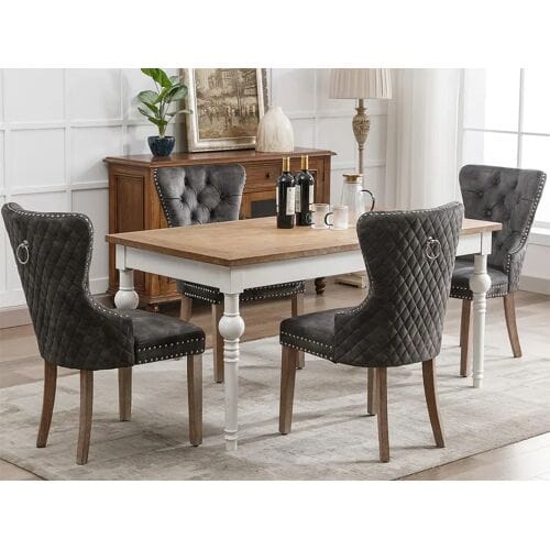 ModernLuxe Set van 4 fluwelen stoelen - massief houten poten - grijs