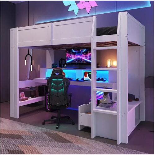 Merax Kinderhoogslaper - 90 x 200 cm - met bureau + LED's + 1 lade + planken - grenen - wit