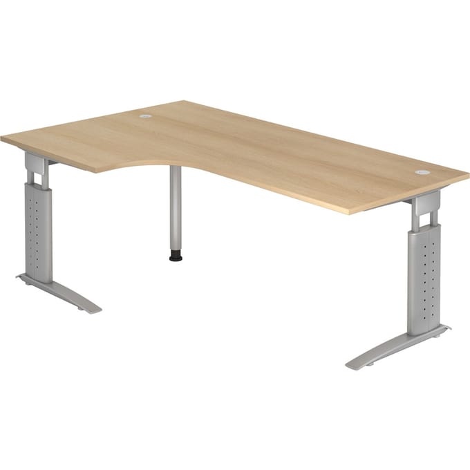 Hoekbureautafel TARVIS, B 2000 x D 1200/800 x H 680-860 mm, onderstel zilver, eikenpatroon