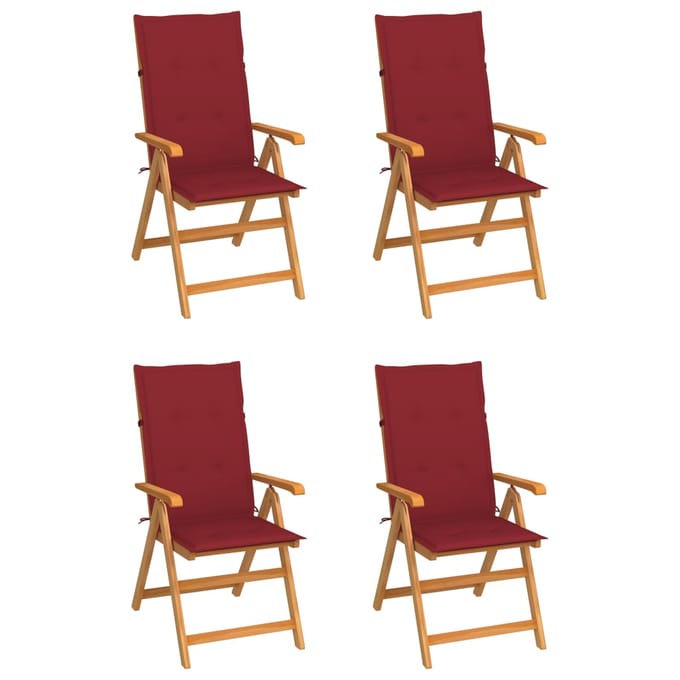 vidaXL - Inklapbare - stoelen - 4 - st - met - wijnrode - kussens - massief - teakhout