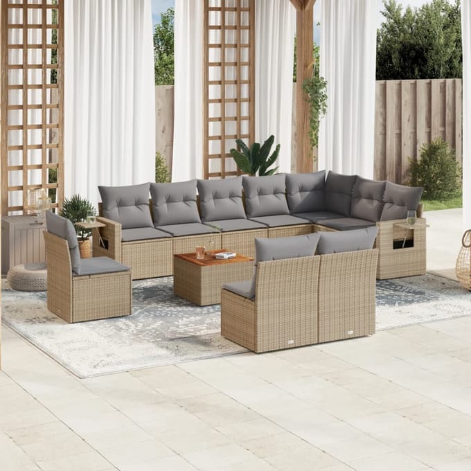 vidaXL - 11-delige - Tuinset - met - kussens - poly - rattan - beige