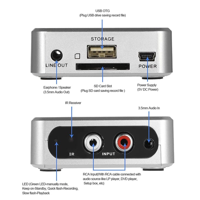 Convertisseur numériseur de musique audio numérique ezcap 3,5 mm RCA Analog-2-MP3 blanc EU Plug argenté