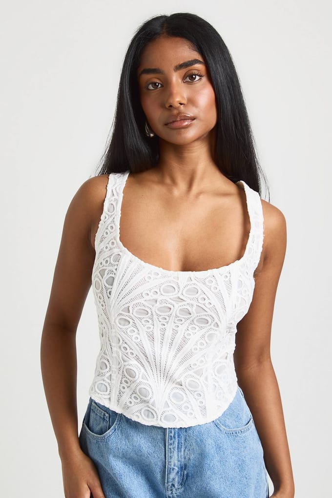 boohoo Dames Doorschijnend Kanten Corset Top | Wit | Maat: 40