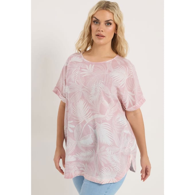 Yours Roze Palmbladeren Boxy Linnen Top Size 48