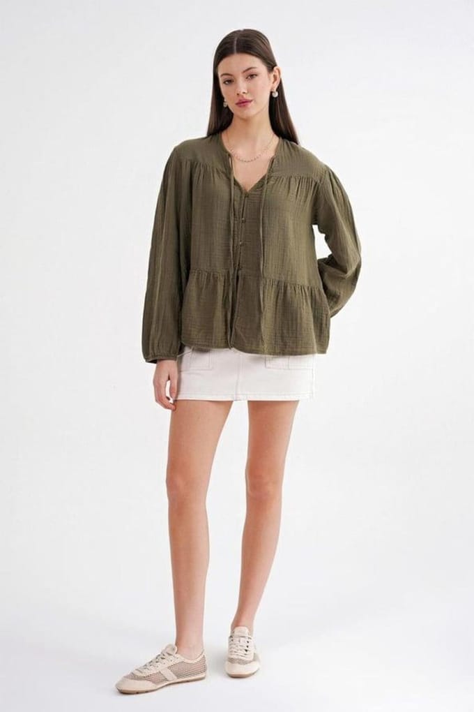 Lange Mouwen Losse Blouse met Strikhals