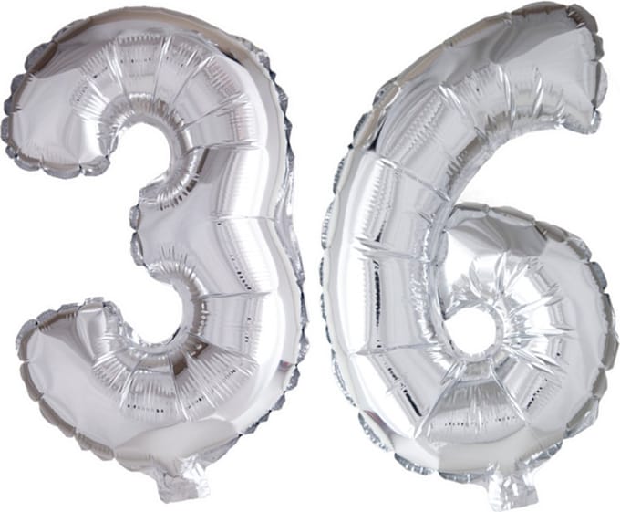 Folieballon 36 jaar Zilver 66cm