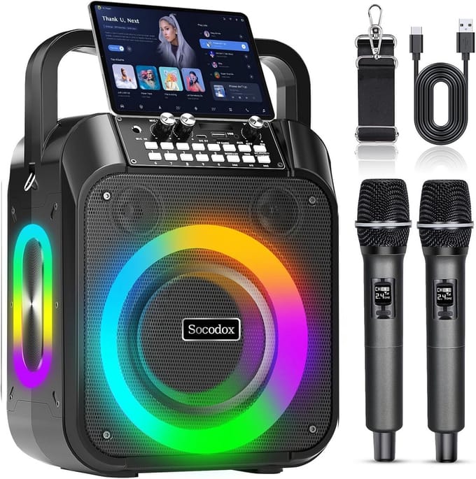 Draagbare Karaokemachine met 2 Draadloze Microfoons en RGB Verlichting