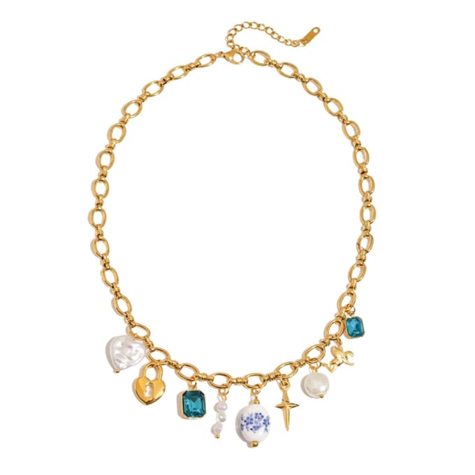 Marama - Schakelketting Goud - Bedels Blue Flowers - Damesketting
