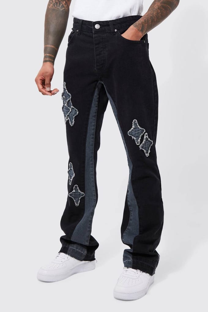 Slim Flare Applique Panel Jeans | Washed Black | Size 52R