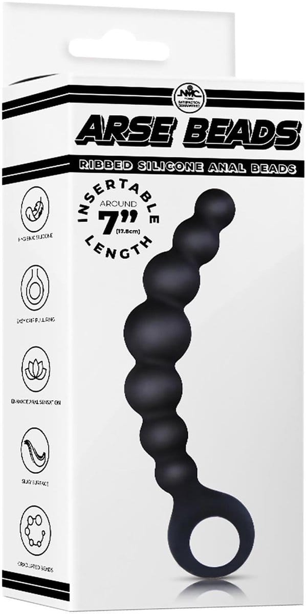 NMC 7 inch geribbeld siliconen anale kralen - Zwart - 17.8 cm