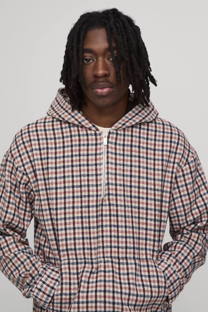 Oversized Check Quarter Over The Head Over Shirt | Ecru | Size Large