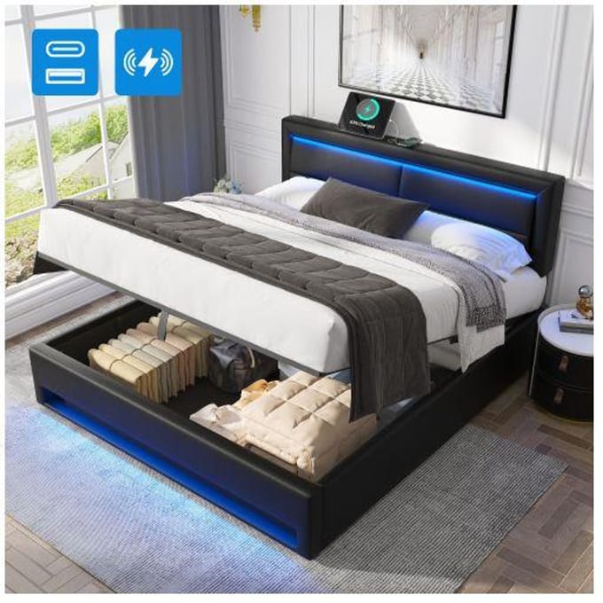 Lit rembourré - MUVOE - 140 x 200 cm - USB - Éclairage LED - Rangement sous le lit noir