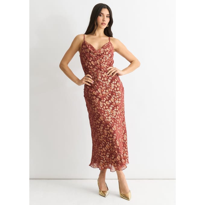 Bruine viscose Animal Jacquard Cowl Midi Dress