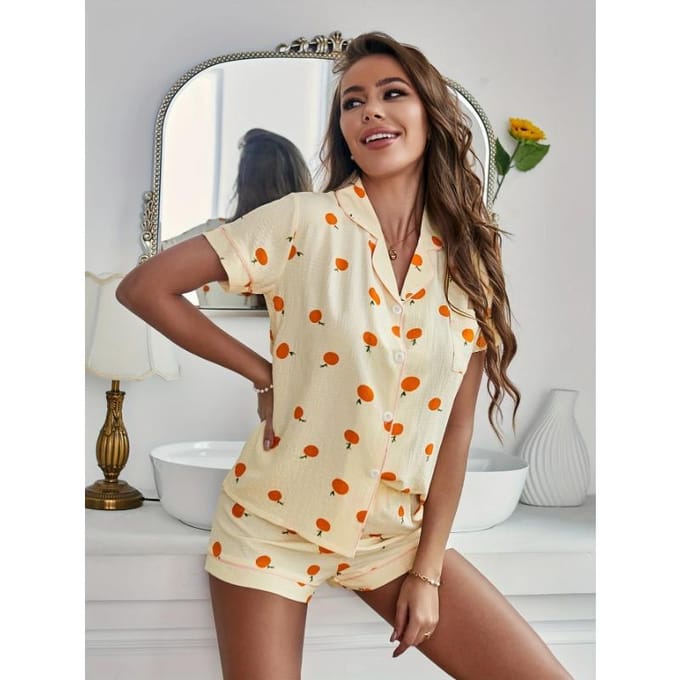 Oranje Print Getextureerde Pyjama Set Leuke Korte Mouw Knopen Revers Top & Elastische Shorts Dames Nachtkleding L black