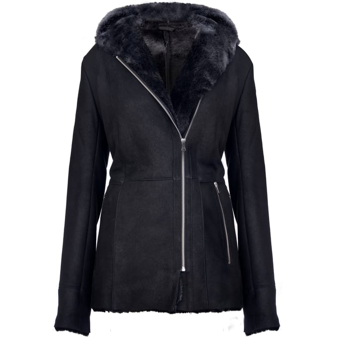 Dames zwart Merino schapenvachtjack met capuchon-Mandalay