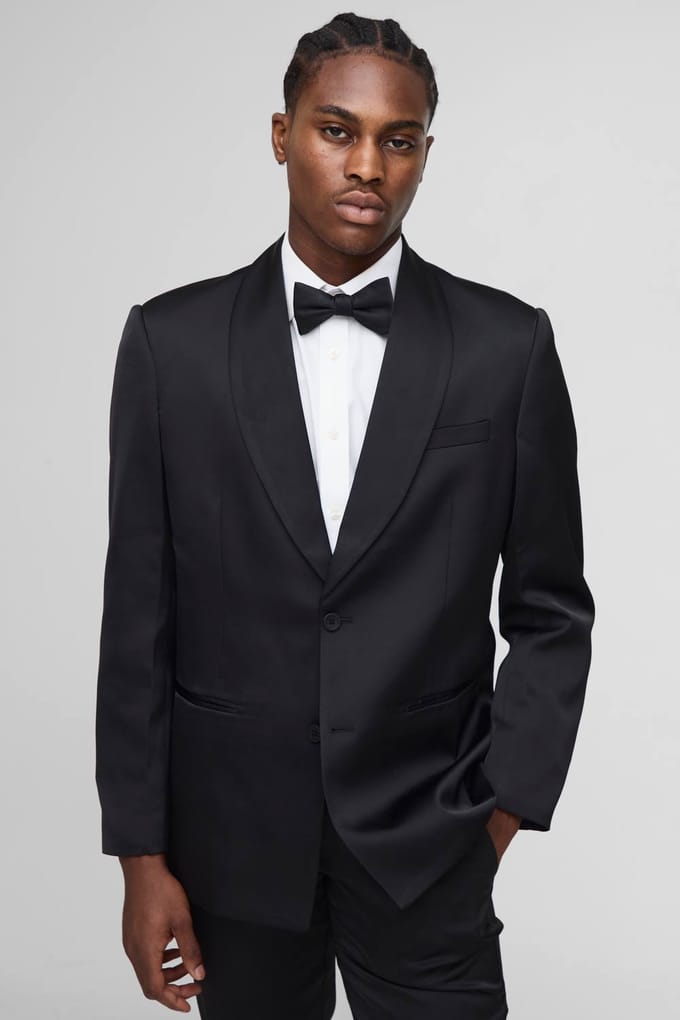 Relaxed Fit Satin Shawl Collar Blazer | Black | Size 48