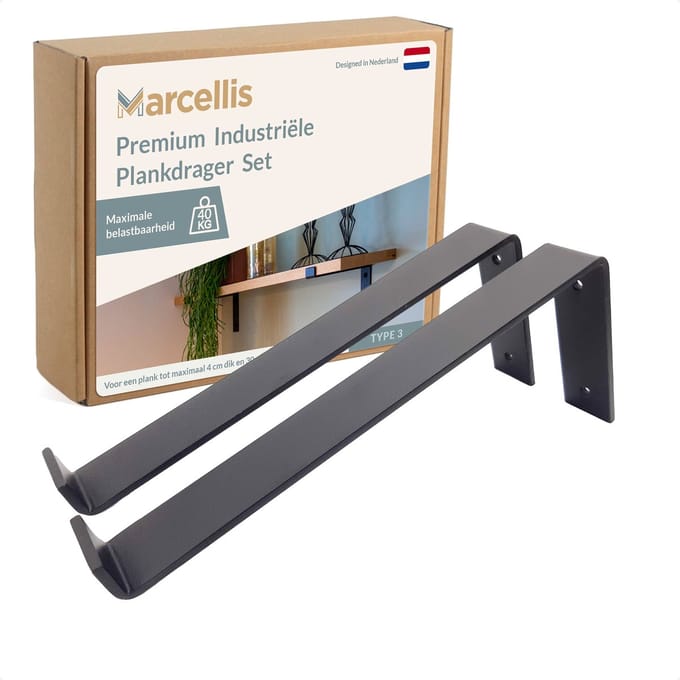 Marcellis - 2x Industriële plankdrager XL - Voor plank 30cm + schroefset - mat zwart - staal - T3