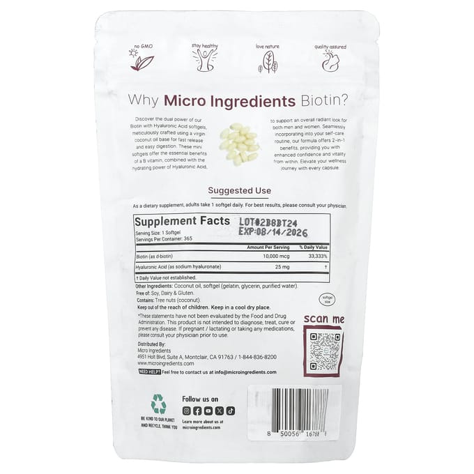 Micro Ingredients, Biotine met Hyaluronzuur, 365 Softgels
