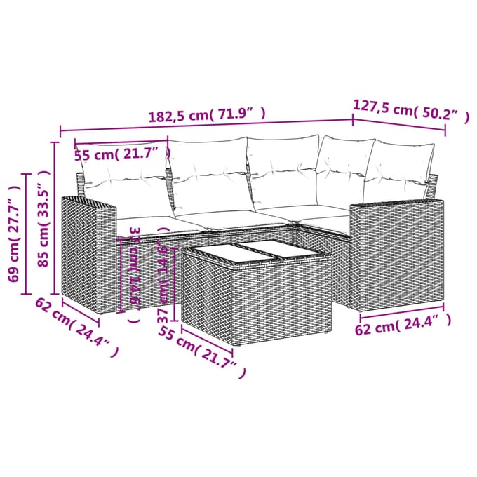 vidaXL - 5-delige - Loungeset - met - kussens - poly - rattan - beige