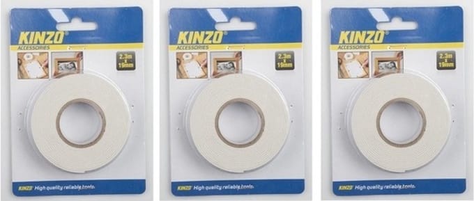 Kinzo Dubbelzijdig tape - 3x rol - 19 mm x 2,3 meter - wit
