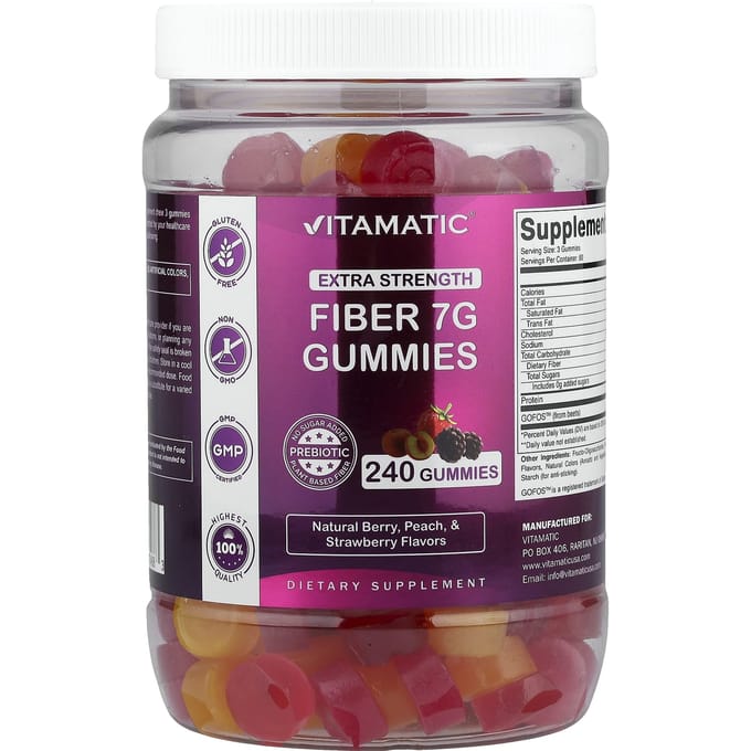 Vitamatic Vezel Gummies, Natuurlijke Bes, Perzik & Aardbei, 240 Gummies
