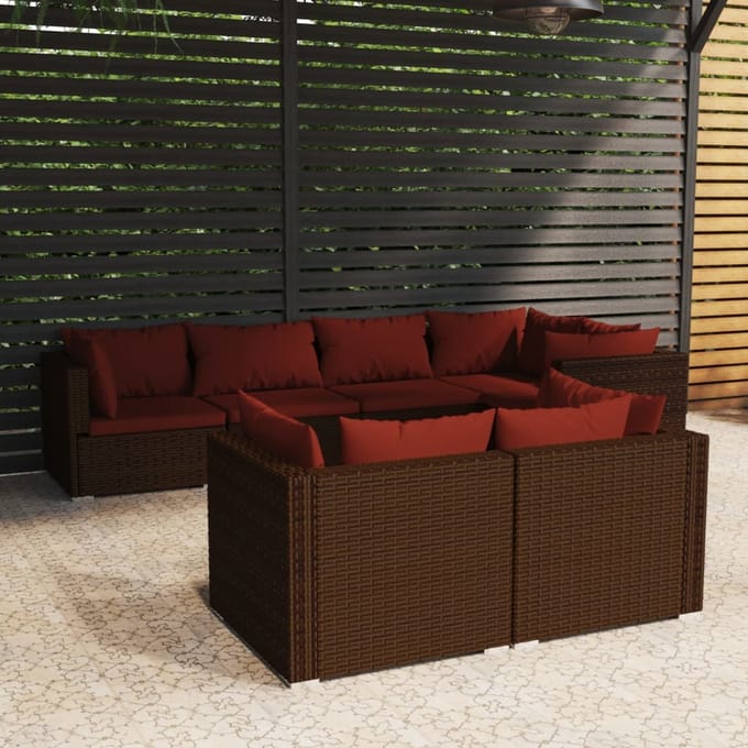 vidaXL - 7-delige - Loungeset - met - kussens - poly - rattan - bruin