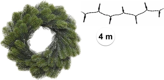Groene kerstkrans/dennenkrans/deurkrans 50 cm inclusief helder witte verlichting