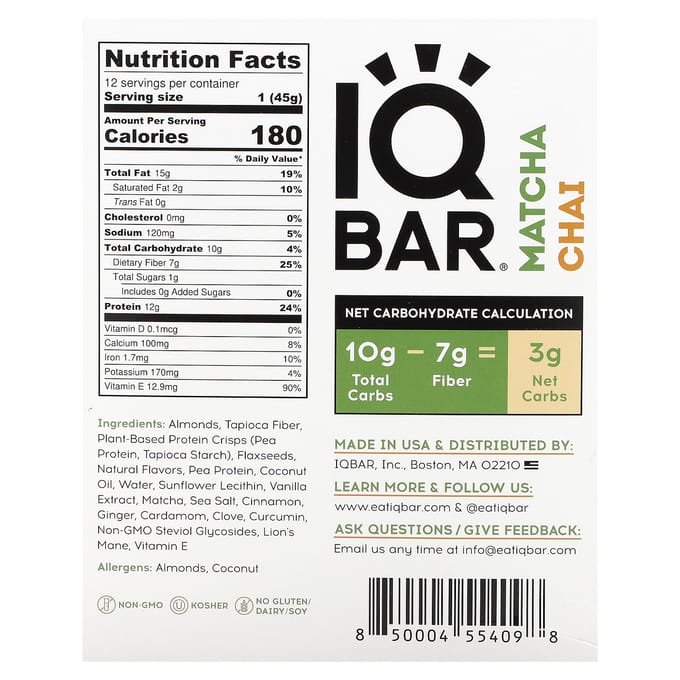 IQBAR, Barre Protéinée Végétale, Matcha Chai, 12 barres, 45 g (1,6 once) chaque