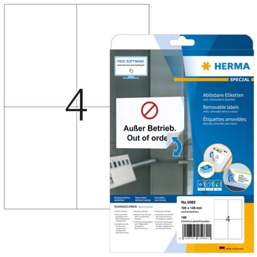 Herma etiketten nr. 5082, 105 x 148 mm, verwijderbaar, zelfklevend, papier, wit, 100 st.