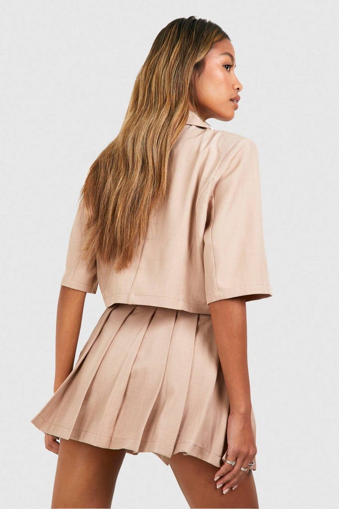 boohoo Dames Linnenlook Boxy Crop Blazer | Camel | Maat: 38
