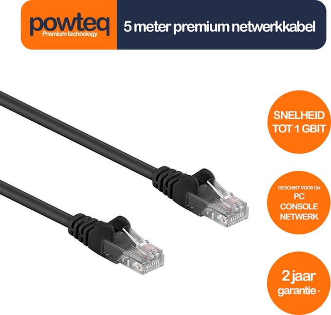 Premium netwerkkabel / internetkabel | 5 meter | Zwart | RJ45-RJ45 | Cat 5e
