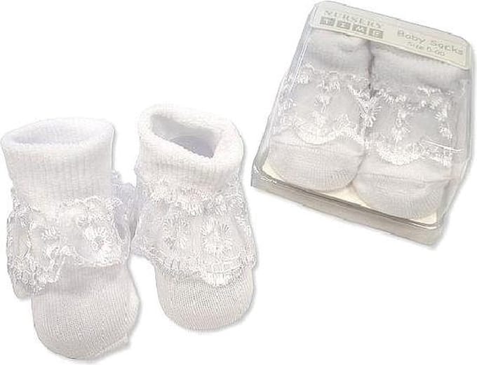NURSERY TIME - GIFT BOX BABY Bootee Sokjes met kant WIT 0-1 maand (maat 56)