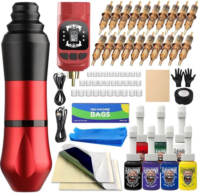 DailySupplies® Tattoo Machine met Accessoires - Tattoo kit Draadloos - Complete Set - Rood