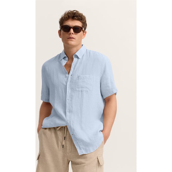 Bugatti Herren Korte mouwen shirt Modern Fit van linnen met button-down kraag