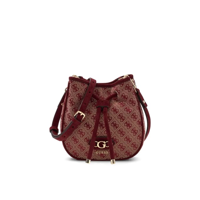 GUESS schoudertas Samantha Mini Bucket Merlot Logo wijnrood