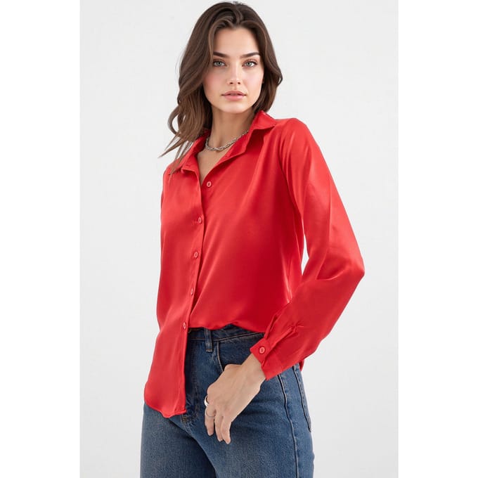 Satin Lange Mouw Knop-Up Shirt