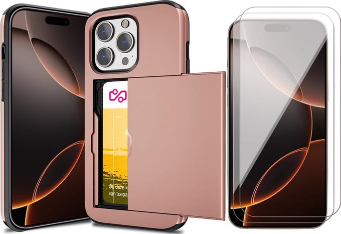 Hoesje met Pasjeshouder geschikt voor iPhone 16 Pro Max - 2x Screen Protector GlassGuard - Back Cover SlideCase Roségoud & Screenprotector